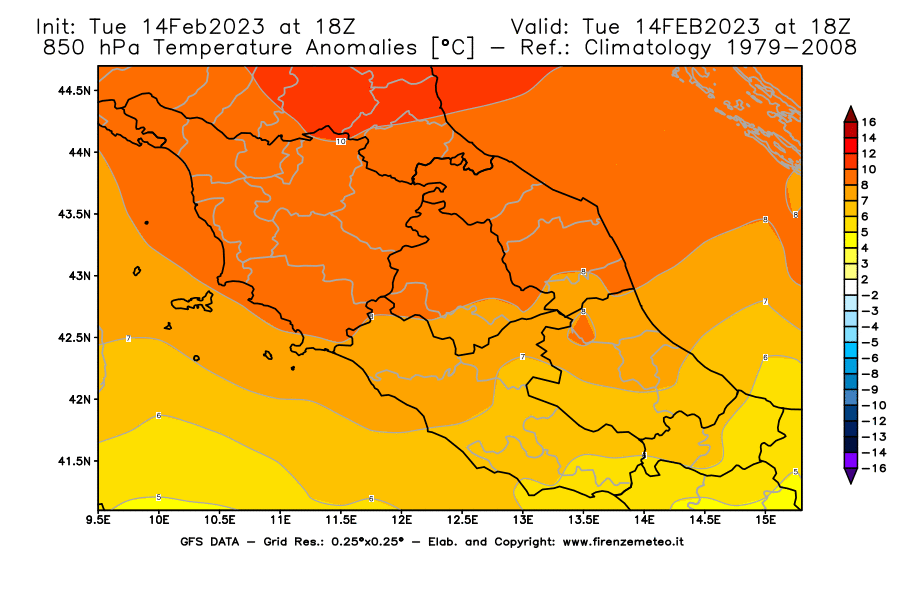 Mappa di analisi GFS - Anomalia Temperatura [°C] a 850 hPa in Centro-Italia
							del 14/02/2023 18 <!--googleoff: index-->UTC<!--googleon: index-->