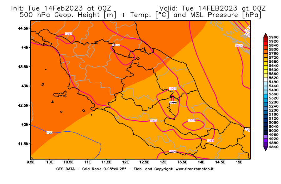 Mappa di analisi GFS - Geopotenziale [m] + Temp. [°C] a 500 hPa + Press. a livello del mare [hPa] in Centro-Italia
							del 14/02/2023 00 <!--googleoff: index-->UTC<!--googleon: index-->