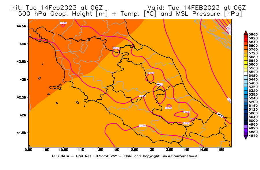 Mappa di analisi GFS - Geopotenziale [m] + Temp. [°C] a 500 hPa + Press. a livello del mare [hPa] in Centro-Italia
							del 14/02/2023 06 <!--googleoff: index-->UTC<!--googleon: index-->