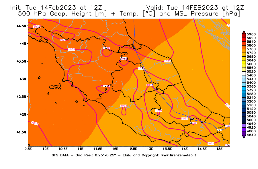 Mappa di analisi GFS - Geopotenziale [m] + Temp. [°C] a 500 hPa + Press. a livello del mare [hPa] in Centro-Italia
							del 14/02/2023 12 <!--googleoff: index-->UTC<!--googleon: index-->