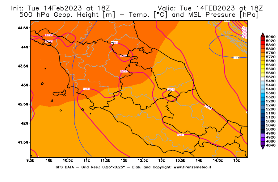 Mappa di analisi GFS - Geopotenziale [m] + Temp. [°C] a 500 hPa + Press. a livello del mare [hPa] in Centro-Italia
							del 14/02/2023 18 <!--googleoff: index-->UTC<!--googleon: index-->