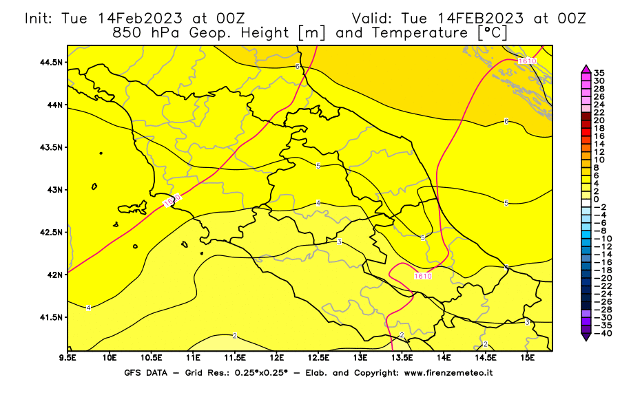 Mappa di analisi GFS - Geopotenziale [m] e Temperatura [°C] a 850 hPa in Centro-Italia
							del 14/02/2023 00 <!--googleoff: index-->UTC<!--googleon: index-->