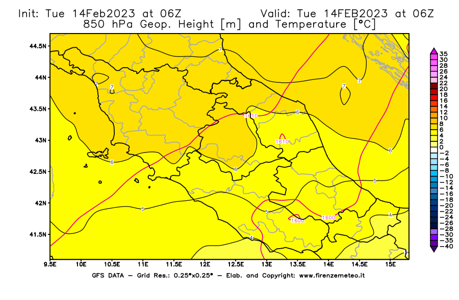 Mappa di analisi GFS - Geopotenziale [m] e Temperatura [°C] a 850 hPa in Centro-Italia
							del 14/02/2023 06 <!--googleoff: index-->UTC<!--googleon: index-->