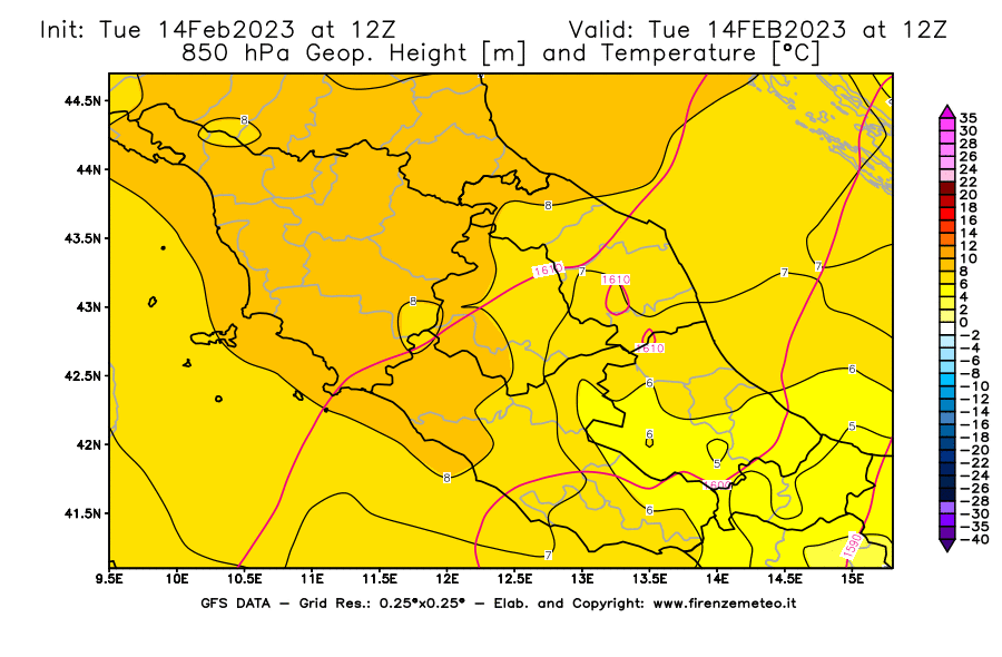 Mappa di analisi GFS - Geopotenziale [m] e Temperatura [°C] a 850 hPa in Centro-Italia
							del 14/02/2023 12 <!--googleoff: index-->UTC<!--googleon: index-->