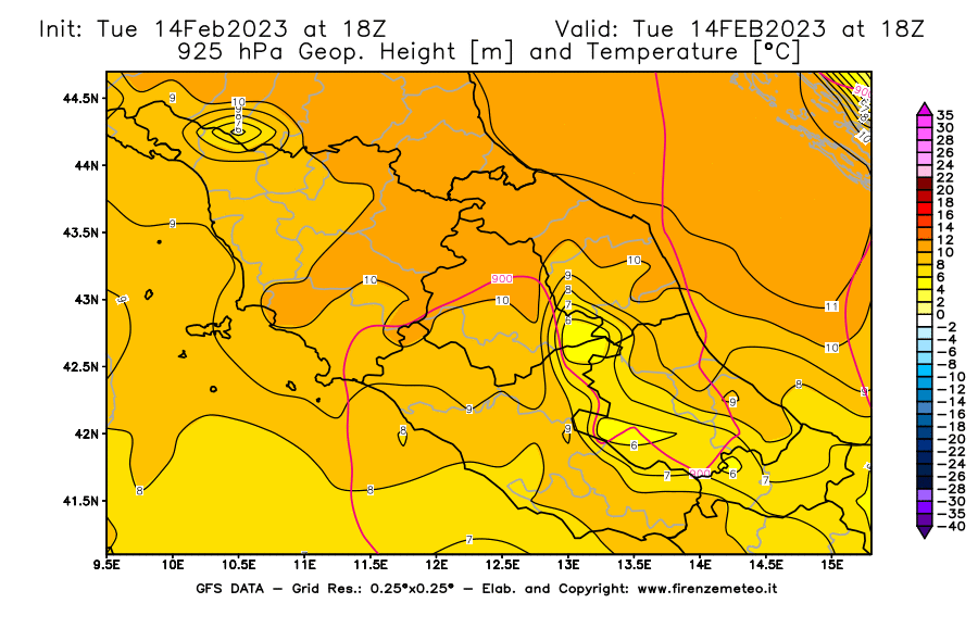 Mappa di analisi GFS - Geopotenziale [m] e Temperatura [°C] a 925 hPa in Centro-Italia
							del 14/02/2023 18 <!--googleoff: index-->UTC<!--googleon: index-->
