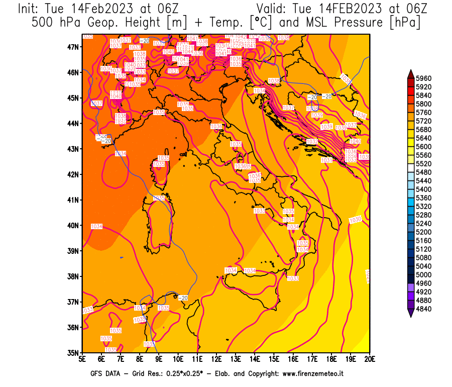 Mappa di analisi GFS - Geopotenziale [m] + Temp. [°C] a 500 hPa + Press. a livello del mare [hPa] in Italia
							del 14/02/2023 06 <!--googleoff: index-->UTC<!--googleon: index-->