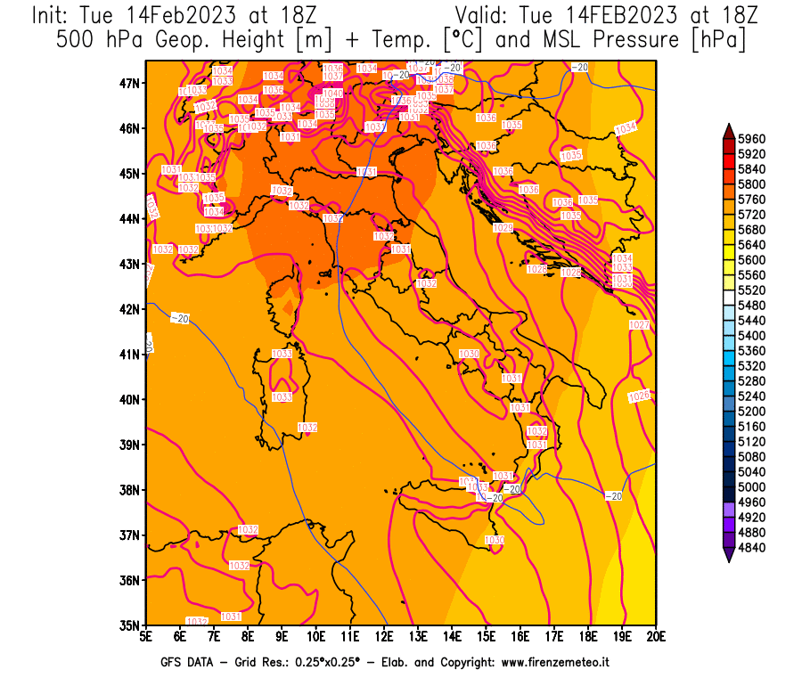 Mappa di analisi GFS - Geopotenziale [m] + Temp. [°C] a 500 hPa + Press. a livello del mare [hPa] in Italia
							del 14/02/2023 18 <!--googleoff: index-->UTC<!--googleon: index-->