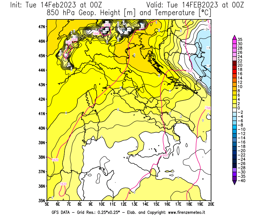 Mappa di analisi GFS - Geopotenziale [m] e Temperatura [°C] a 850 hPa in Italia
							del 14/02/2023 00 <!--googleoff: index-->UTC<!--googleon: index-->