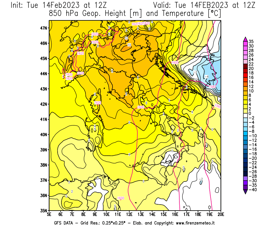 Mappa di analisi GFS - Geopotenziale [m] e Temperatura [°C] a 850 hPa in Italia
							del 14/02/2023 12 <!--googleoff: index-->UTC<!--googleon: index-->