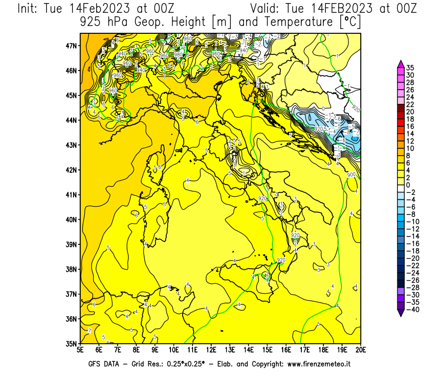 Mappa di analisi GFS - Geopotenziale [m] e Temperatura [°C] a 925 hPa in Italia
							del 14/02/2023 00 <!--googleoff: index-->UTC<!--googleon: index-->