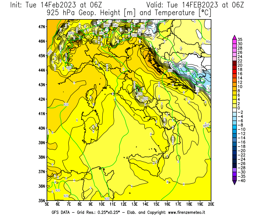 Mappa di analisi GFS - Geopotenziale [m] e Temperatura [°C] a 925 hPa in Italia
							del 14/02/2023 06 <!--googleoff: index-->UTC<!--googleon: index-->