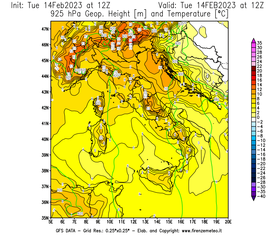 Mappa di analisi GFS - Geopotenziale [m] e Temperatura [°C] a 925 hPa in Italia
							del 14/02/2023 12 <!--googleoff: index-->UTC<!--googleon: index-->