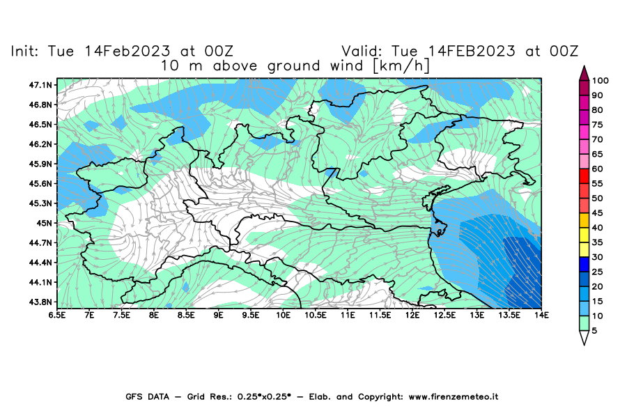 Mappa di analisi GFS - Velocità del vento a 10 metri dal suolo [km/h] in Nord-Italia
							del 14/02/2023 00 <!--googleoff: index-->UTC<!--googleon: index-->