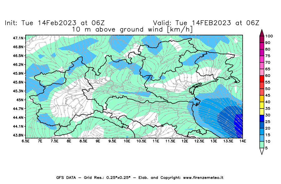 Mappa di analisi GFS - Velocità del vento a 10 metri dal suolo [km/h] in Nord-Italia
							del 14/02/2023 06 <!--googleoff: index-->UTC<!--googleon: index-->