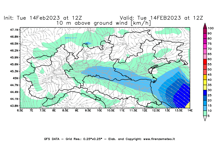 Mappa di analisi GFS - Velocità del vento a 10 metri dal suolo [km/h] in Nord-Italia
							del 14/02/2023 12 <!--googleoff: index-->UTC<!--googleon: index-->