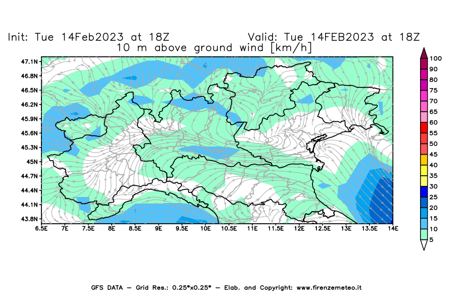 Mappa di analisi GFS - Velocità del vento a 10 metri dal suolo [km/h] in Nord-Italia
							del 14/02/2023 18 <!--googleoff: index-->UTC<!--googleon: index-->