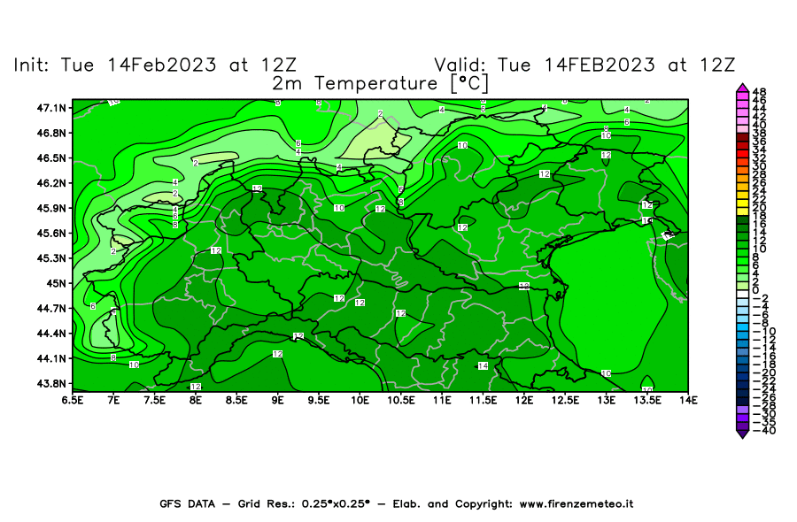 Mappa di analisi GFS - Temperatura a 2 metri dal suolo [°C] in Nord-Italia
							del 14/02/2023 12 <!--googleoff: index-->UTC<!--googleon: index-->