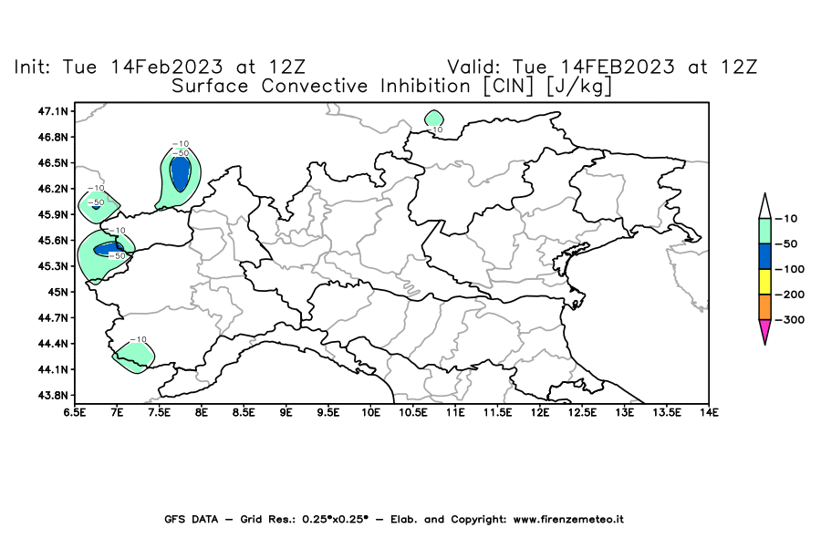 Mappa di analisi GFS - CIN [J/kg] in Nord-Italia
							del 14/02/2023 12 <!--googleoff: index-->UTC<!--googleon: index-->