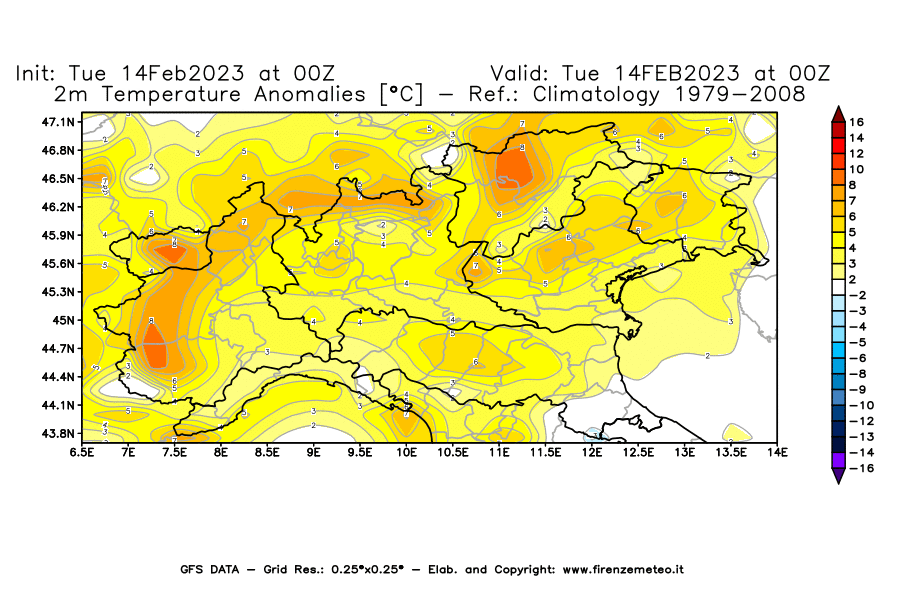 Mappa di analisi GFS - Anomalia Temperatura [°C] a 2 m in Nord-Italia
							del 14/02/2023 00 <!--googleoff: index-->UTC<!--googleon: index-->