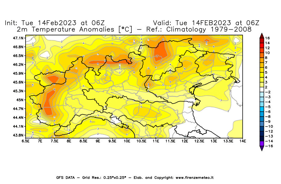 Mappa di analisi GFS - Anomalia Temperatura [°C] a 2 m in Nord-Italia
							del 14/02/2023 06 <!--googleoff: index-->UTC<!--googleon: index-->