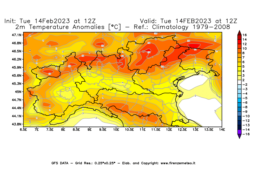 Mappa di analisi GFS - Anomalia Temperatura [°C] a 2 m in Nord-Italia
							del 14/02/2023 12 <!--googleoff: index-->UTC<!--googleon: index-->