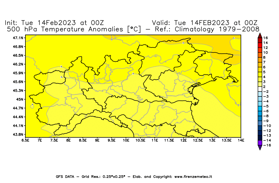 Mappa di analisi GFS - Anomalia Temperatura [°C] a 500 hPa in Nord-Italia
							del 14/02/2023 00 <!--googleoff: index-->UTC<!--googleon: index-->