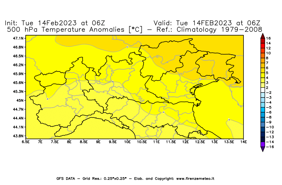 Mappa di analisi GFS - Anomalia Temperatura [°C] a 500 hPa in Nord-Italia
							del 14/02/2023 06 <!--googleoff: index-->UTC<!--googleon: index-->
