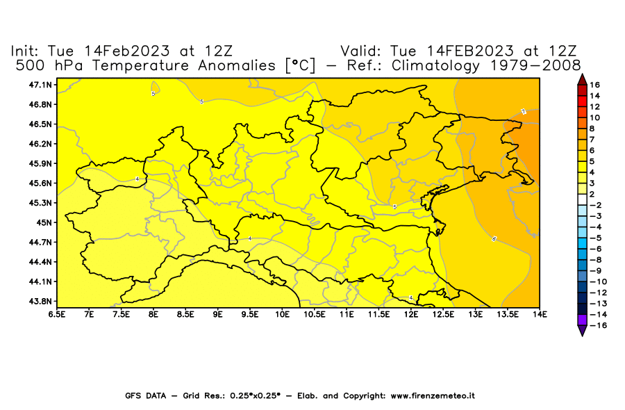 Mappa di analisi GFS - Anomalia Temperatura [°C] a 500 hPa in Nord-Italia
							del 14/02/2023 12 <!--googleoff: index-->UTC<!--googleon: index-->