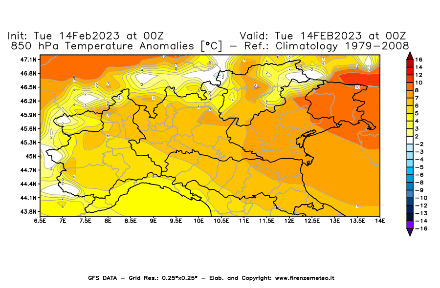 Mappa di analisi GFS - Anomalia Temperatura [°C] a 850 hPa in Nord-Italia
							del 14/02/2023 00 <!--googleoff: index-->UTC<!--googleon: index-->