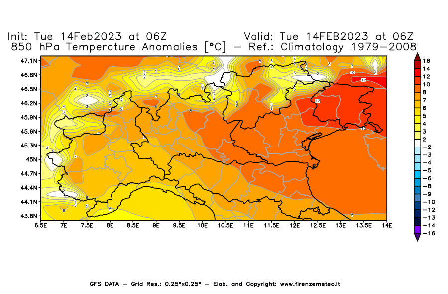 Mappa di analisi GFS - Anomalia Temperatura [°C] a 850 hPa in Nord-Italia
							del 14/02/2023 06 <!--googleoff: index-->UTC<!--googleon: index-->