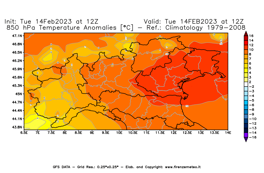 Mappa di analisi GFS - Anomalia Temperatura [°C] a 850 hPa in Nord-Italia
							del 14/02/2023 12 <!--googleoff: index-->UTC<!--googleon: index-->