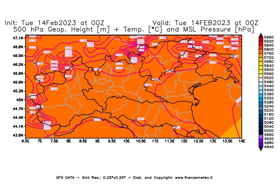 Mappa di analisi GFS - Geopotenziale [m] + Temp. [°C] a 500 hPa + Press. a livello del mare [hPa] in Nord-Italia
							del 14/02/2023 00 <!--googleoff: index-->UTC<!--googleon: index-->