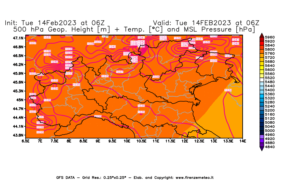 Mappa di analisi GFS - Geopotenziale [m] + Temp. [°C] a 500 hPa + Press. a livello del mare [hPa] in Nord-Italia
							del 14/02/2023 06 <!--googleoff: index-->UTC<!--googleon: index-->