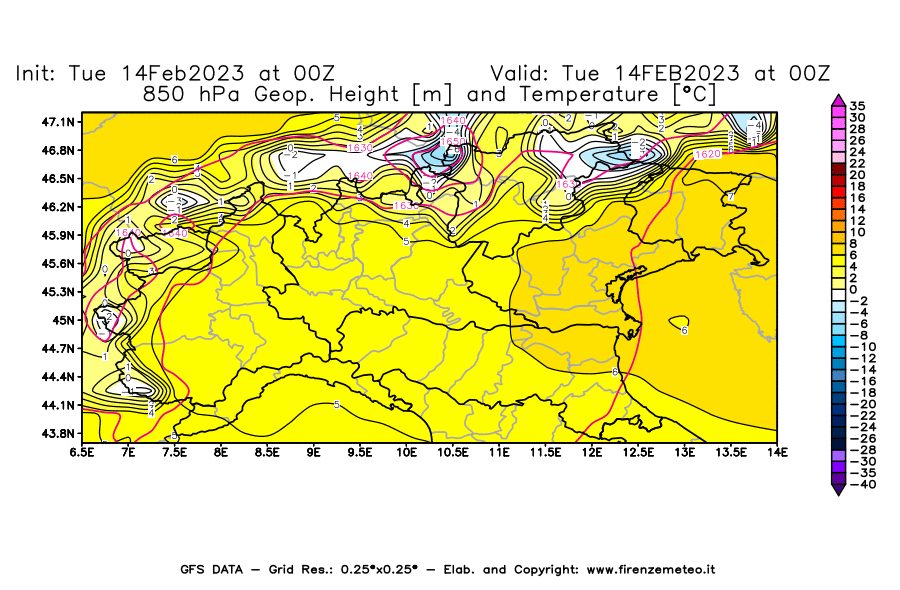 Mappa di analisi GFS - Geopotenziale [m] e Temperatura [°C] a 850 hPa in Nord-Italia
							del 14/02/2023 00 <!--googleoff: index-->UTC<!--googleon: index-->