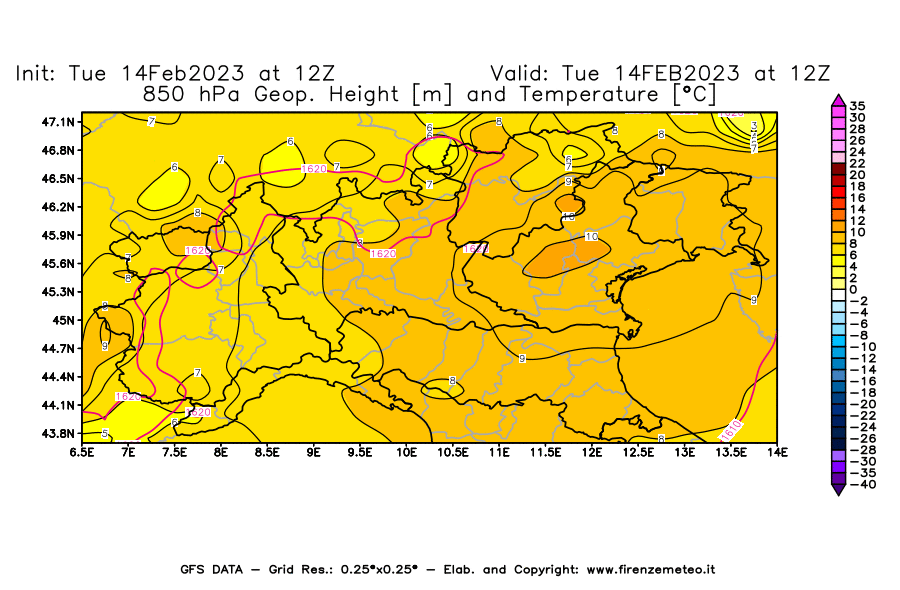 Mappa di analisi GFS - Geopotenziale [m] e Temperatura [°C] a 850 hPa in Nord-Italia
							del 14/02/2023 12 <!--googleoff: index-->UTC<!--googleon: index-->