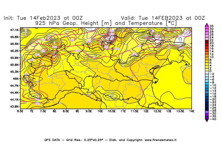 Mappa di analisi GFS - Geopotenziale [m] e Temperatura [°C] a 925 hPa in Nord-Italia
							del 14/02/2023 00 <!--googleoff: index-->UTC<!--googleon: index-->