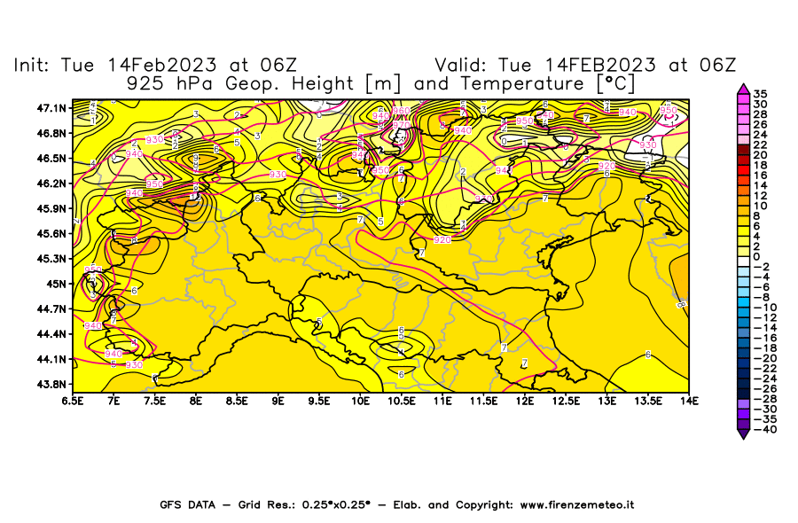 Mappa di analisi GFS - Geopotenziale [m] e Temperatura [°C] a 925 hPa in Nord-Italia
							del 14/02/2023 06 <!--googleoff: index-->UTC<!--googleon: index-->