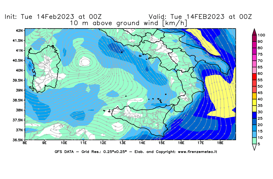Mappa di analisi GFS - Velocità del vento a 10 metri dal suolo [km/h] in Sud-Italia
							del 14/02/2023 00 <!--googleoff: index-->UTC<!--googleon: index-->