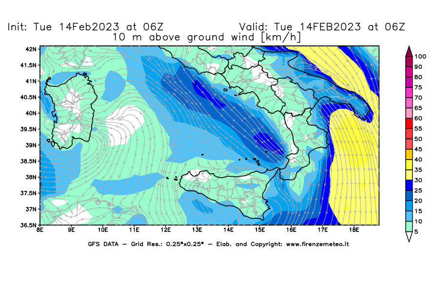 Mappa di analisi GFS - Velocità del vento a 10 metri dal suolo [km/h] in Sud-Italia
							del 14/02/2023 06 <!--googleoff: index-->UTC<!--googleon: index-->