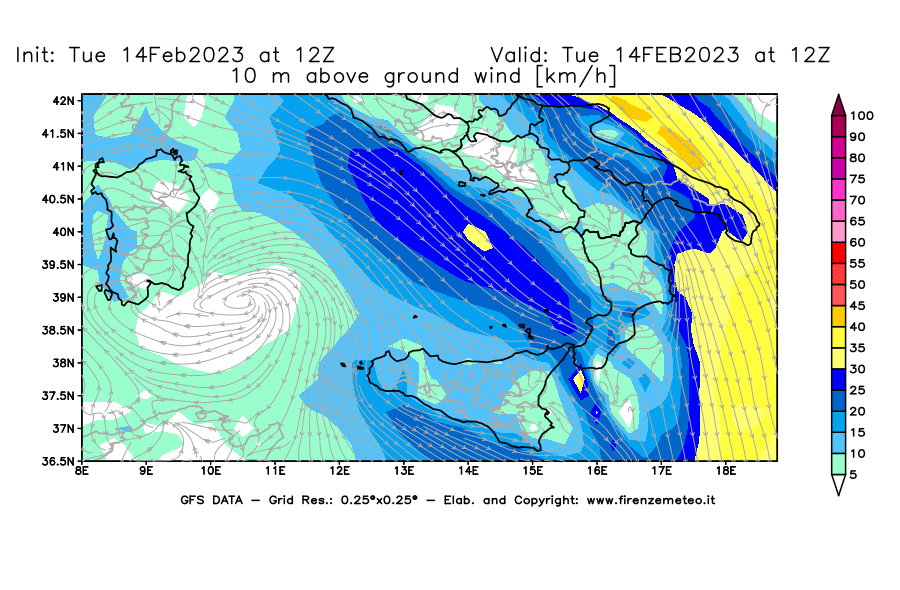 Mappa di analisi GFS - Velocità del vento a 10 metri dal suolo [km/h] in Sud-Italia
							del 14/02/2023 12 <!--googleoff: index-->UTC<!--googleon: index-->