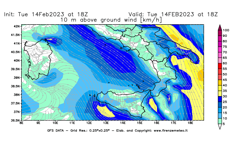 Mappa di analisi GFS - Velocità del vento a 10 metri dal suolo [km/h] in Sud-Italia
							del 14/02/2023 18 <!--googleoff: index-->UTC<!--googleon: index-->