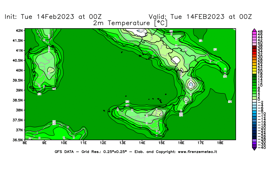 Mappa di analisi GFS - Temperatura a 2 metri dal suolo [°C] in Sud-Italia
							del 14/02/2023 00 <!--googleoff: index-->UTC<!--googleon: index-->
