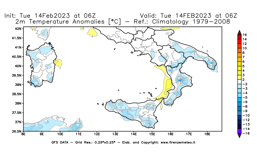 Mappa di analisi GFS - Anomalia Temperatura [°C] a 2 m in Sud-Italia
							del 14/02/2023 06 <!--googleoff: index-->UTC<!--googleon: index-->