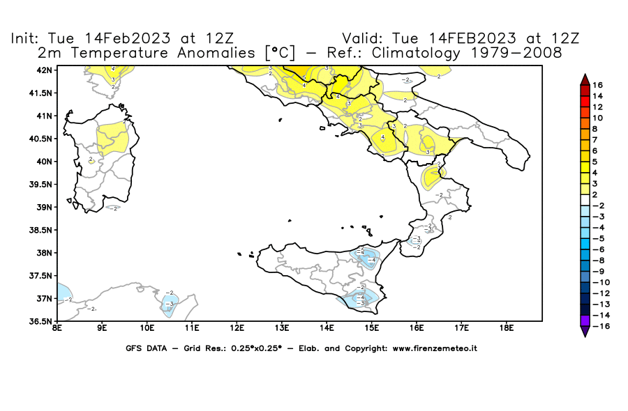 Mappa di analisi GFS - Anomalia Temperatura [°C] a 2 m in Sud-Italia
							del 14/02/2023 12 <!--googleoff: index-->UTC<!--googleon: index-->