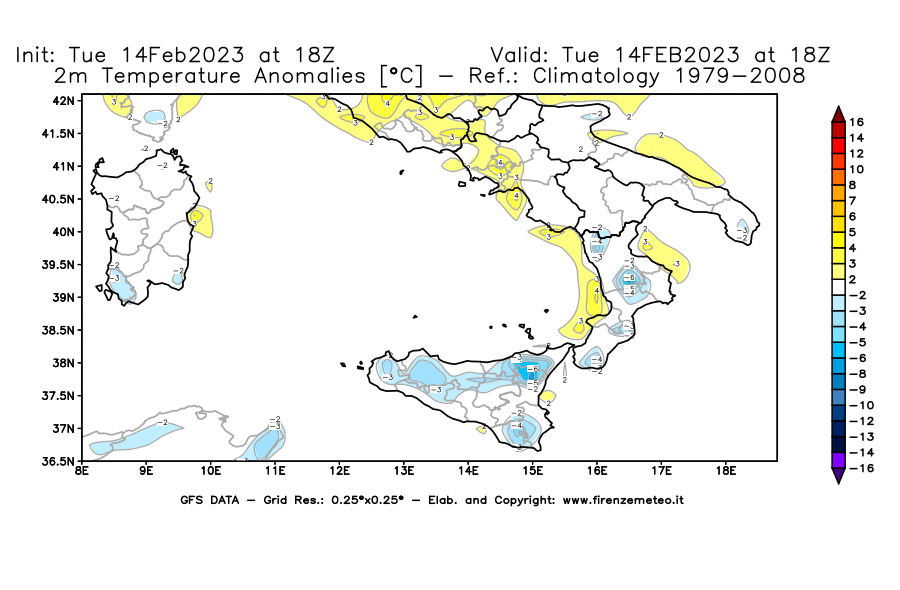 Mappa di analisi GFS - Anomalia Temperatura [°C] a 2 m in Sud-Italia
							del 14/02/2023 18 <!--googleoff: index-->UTC<!--googleon: index-->