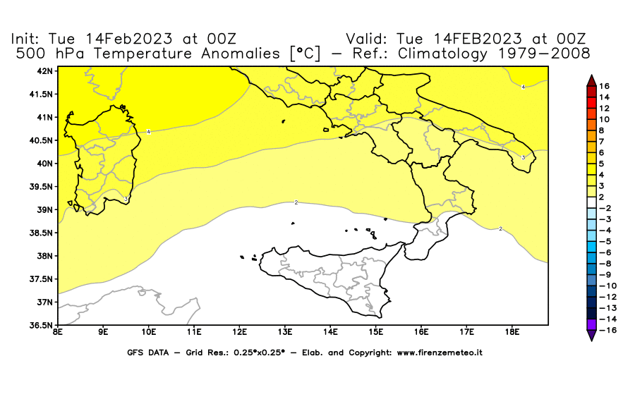 Mappa di analisi GFS - Anomalia Temperatura [°C] a 500 hPa in Sud-Italia
							del 14/02/2023 00 <!--googleoff: index-->UTC<!--googleon: index-->
