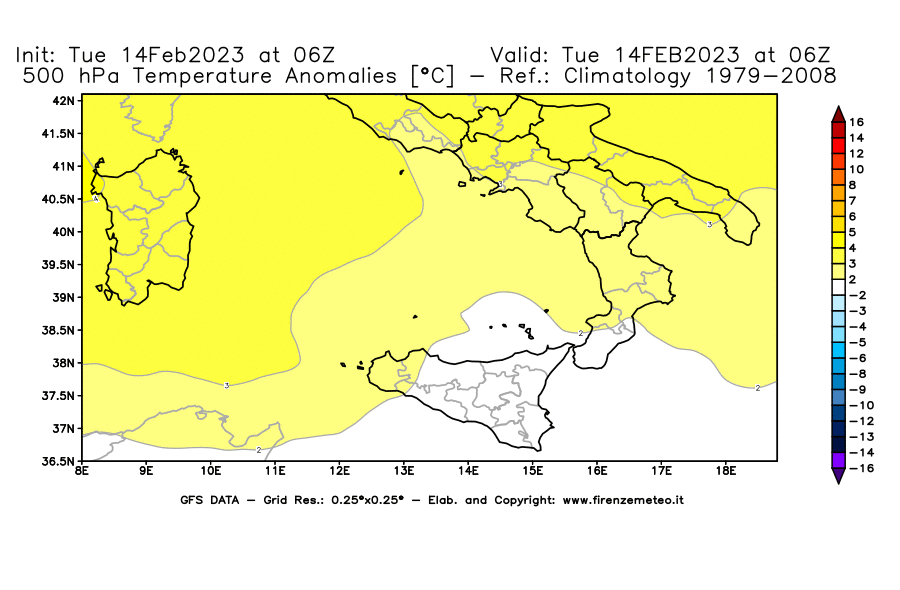 Mappa di analisi GFS - Anomalia Temperatura [°C] a 500 hPa in Sud-Italia
							del 14/02/2023 06 <!--googleoff: index-->UTC<!--googleon: index-->