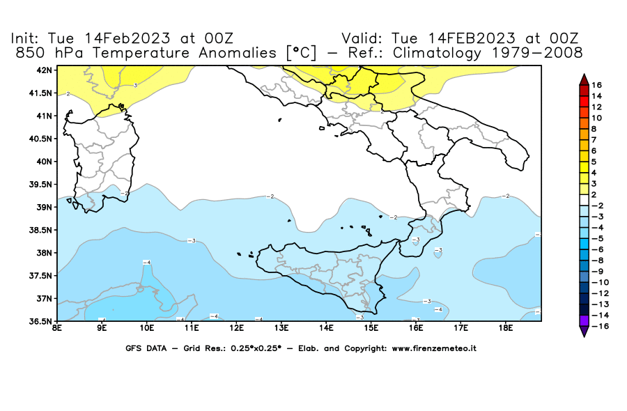 Mappa di analisi GFS - Anomalia Temperatura [°C] a 850 hPa in Sud-Italia
							del 14/02/2023 00 <!--googleoff: index-->UTC<!--googleon: index-->
