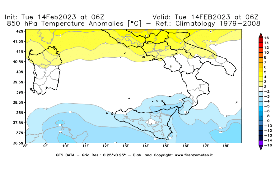 Mappa di analisi GFS - Anomalia Temperatura [°C] a 850 hPa in Sud-Italia
							del 14/02/2023 06 <!--googleoff: index-->UTC<!--googleon: index-->