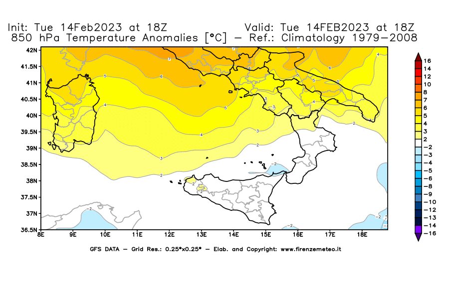 Mappa di analisi GFS - Anomalia Temperatura [°C] a 850 hPa in Sud-Italia
							del 14/02/2023 18 <!--googleoff: index-->UTC<!--googleon: index-->